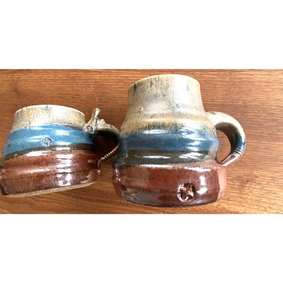 New Handmade Studio his/her Pottery mugs, signed, earth tones, blue, glazed - Picture 6 of 9